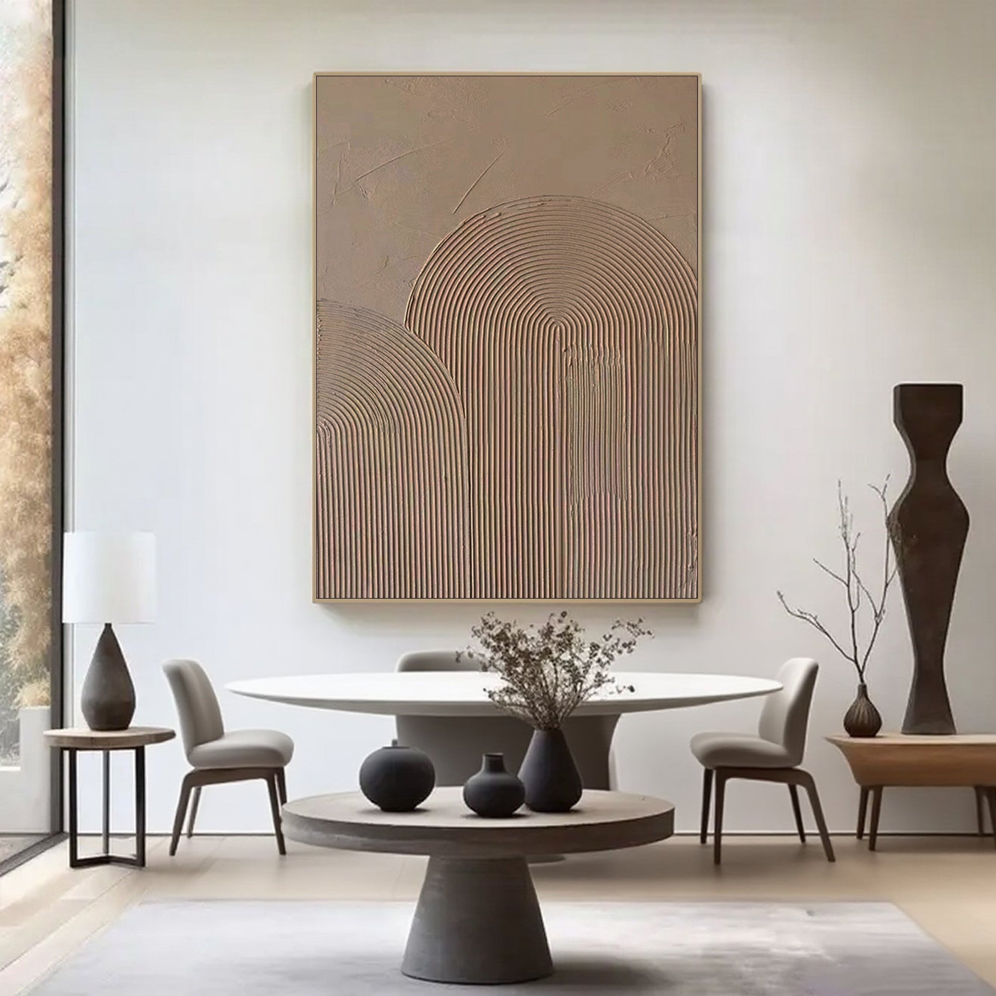 Minimalist beige canvas art displayed in modern dining room.