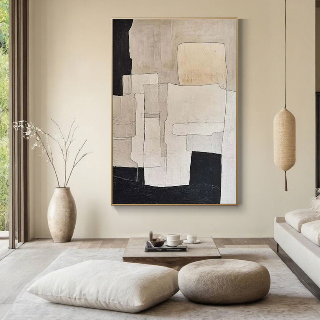 Wabi-sabi geometric canvas art in modern living room interior.