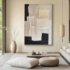 Wabi-sabi geometric canvas art in modern living room interior.
