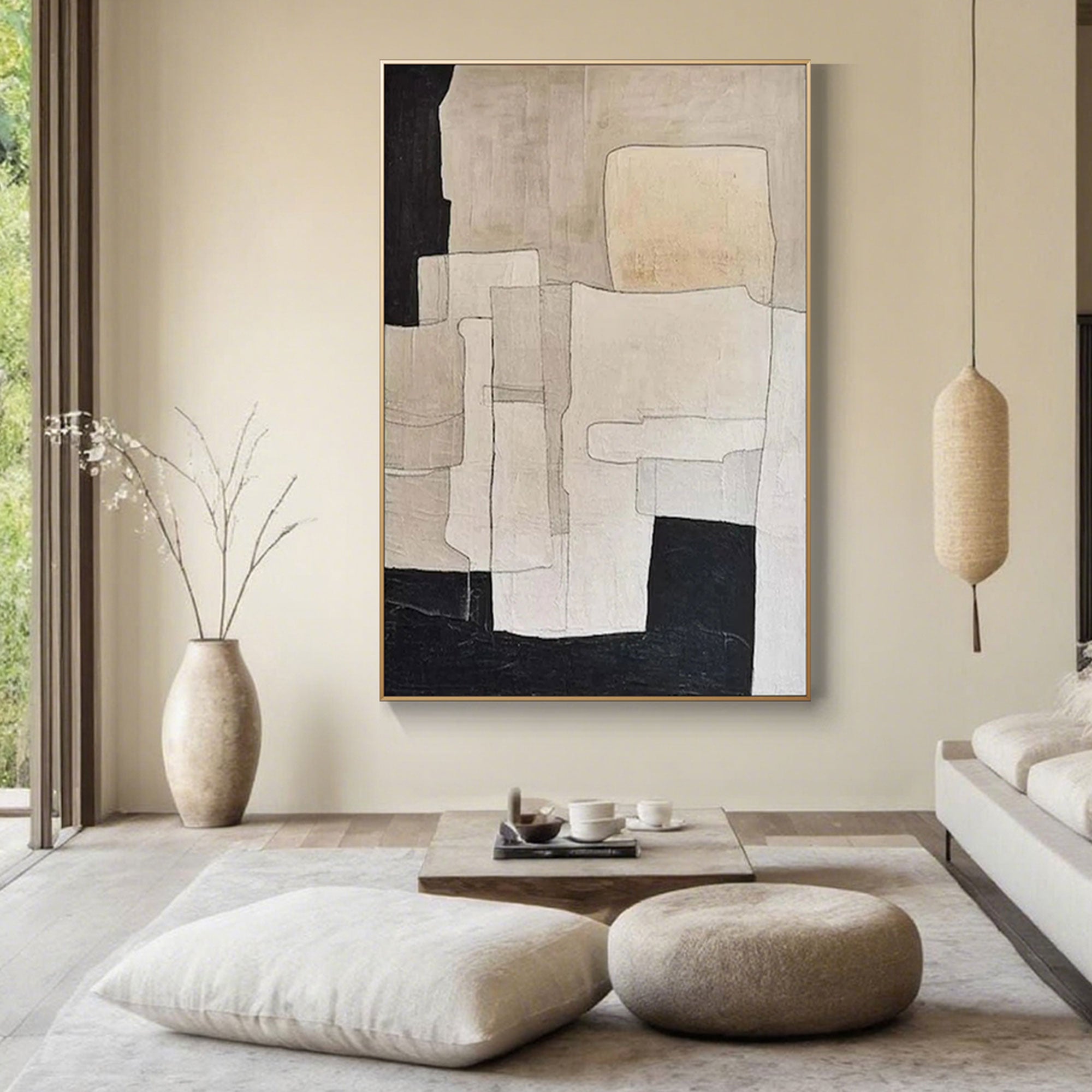 Wabi-sabi geometric canvas art in modern living room interior.