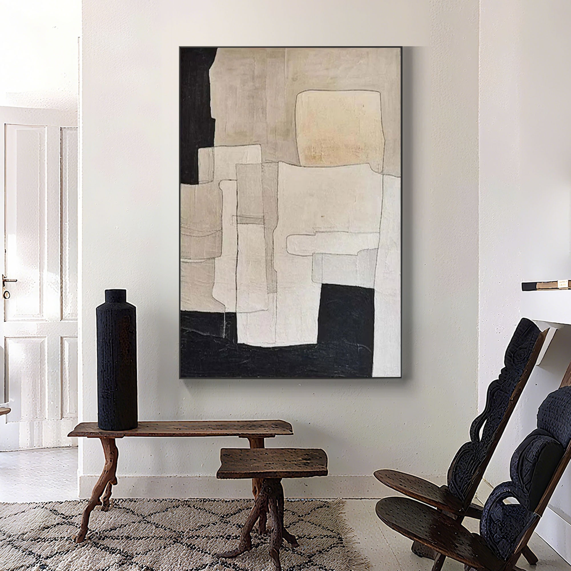 Wabi-sabi wall art with vintage chairs, textured abstract shapes.
