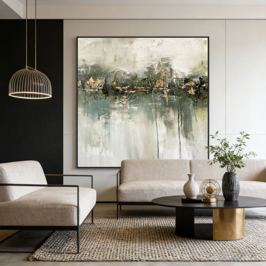 Minimalist Wabi-Sabi Green Abstract Canvas Art by Lumi Gallery in modern living room