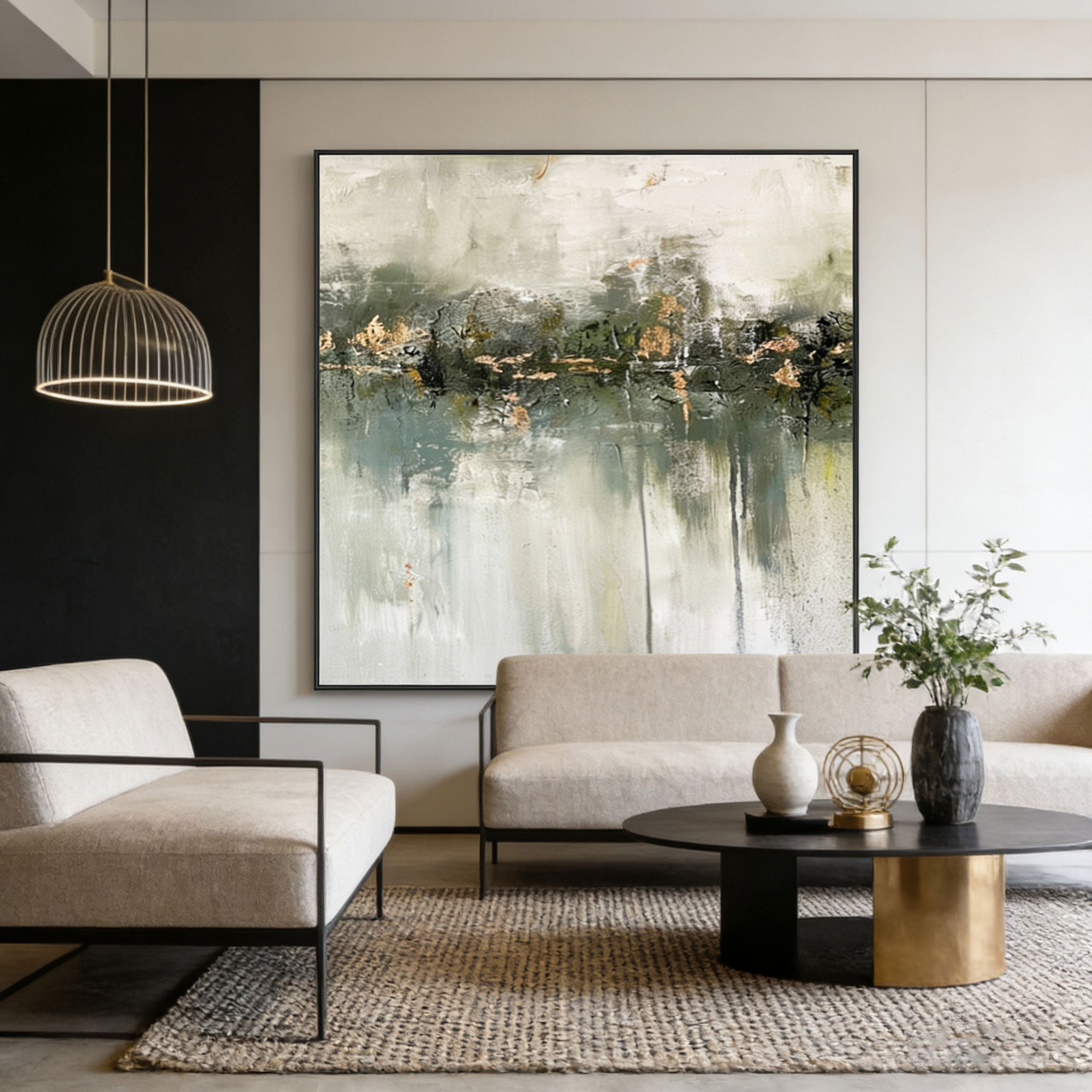 Minimalist Wabi-Sabi Green Abstract Canvas Art by Lumi Gallery in modern living room