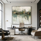 Minimalist Wabi-Sabi Green Abstract Painting 'Silent Verdure' with textured brushstrokes in green, white, and gold tones, displayed in a modern office setting.