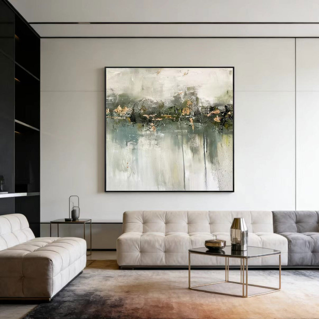 Lumi Gallery's minimalist wabi-sabi green abstract canvas painting in modern living room