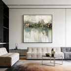 Lumi Gallery's minimalist wabi-sabi green abstract canvas painting in modern living room