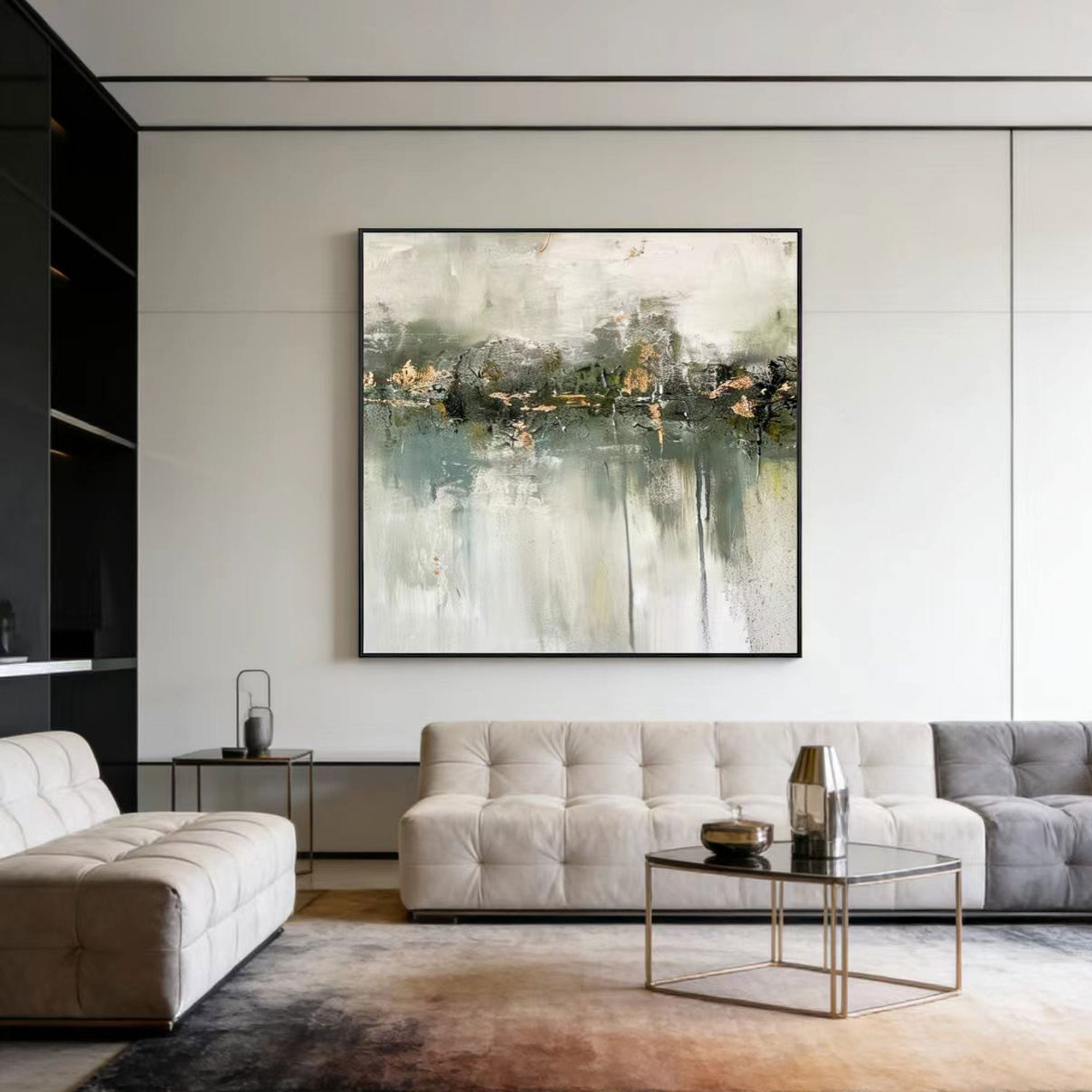 Lumi Gallery's minimalist wabi-sabi green abstract canvas painting in modern living room