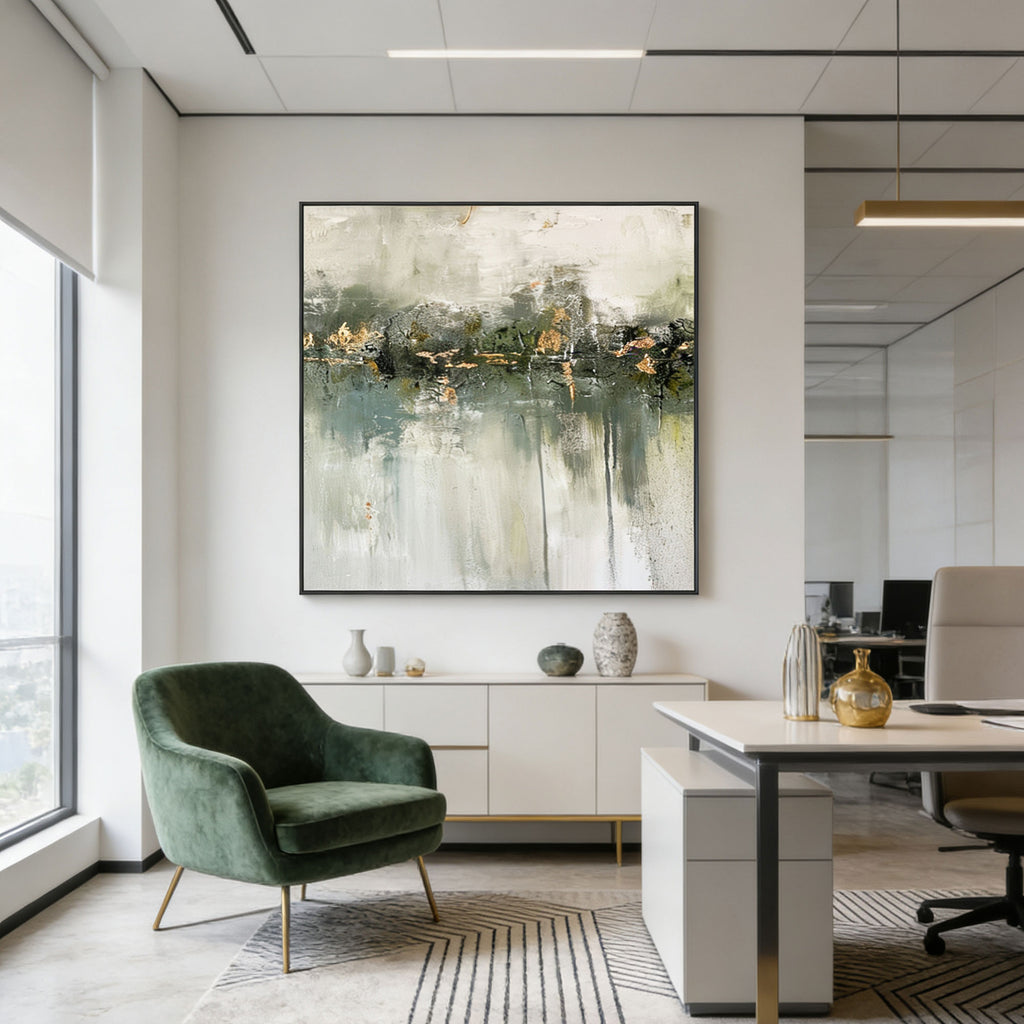 Silent Verdure: minimalist Wabi-Sabi green abstract painting in modern office