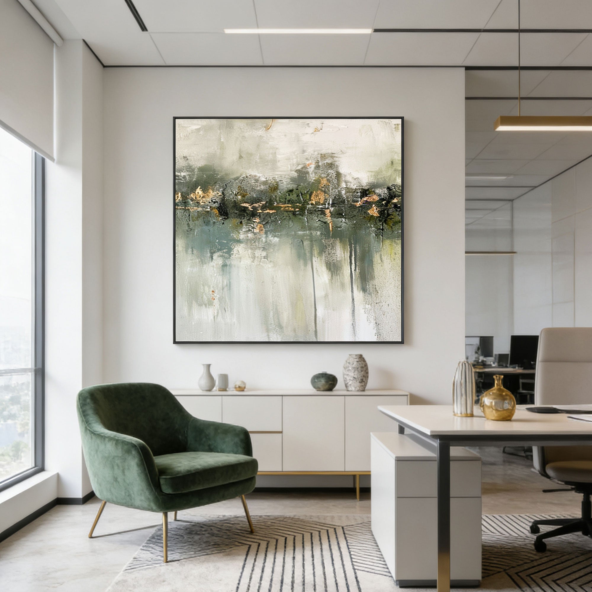 Silent Verdure: minimalist Wabi-Sabi green abstract painting in modern office
