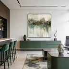 Lumi Gallery's minimalist green abstract painting 'Silent Verdure' in contemporary living space