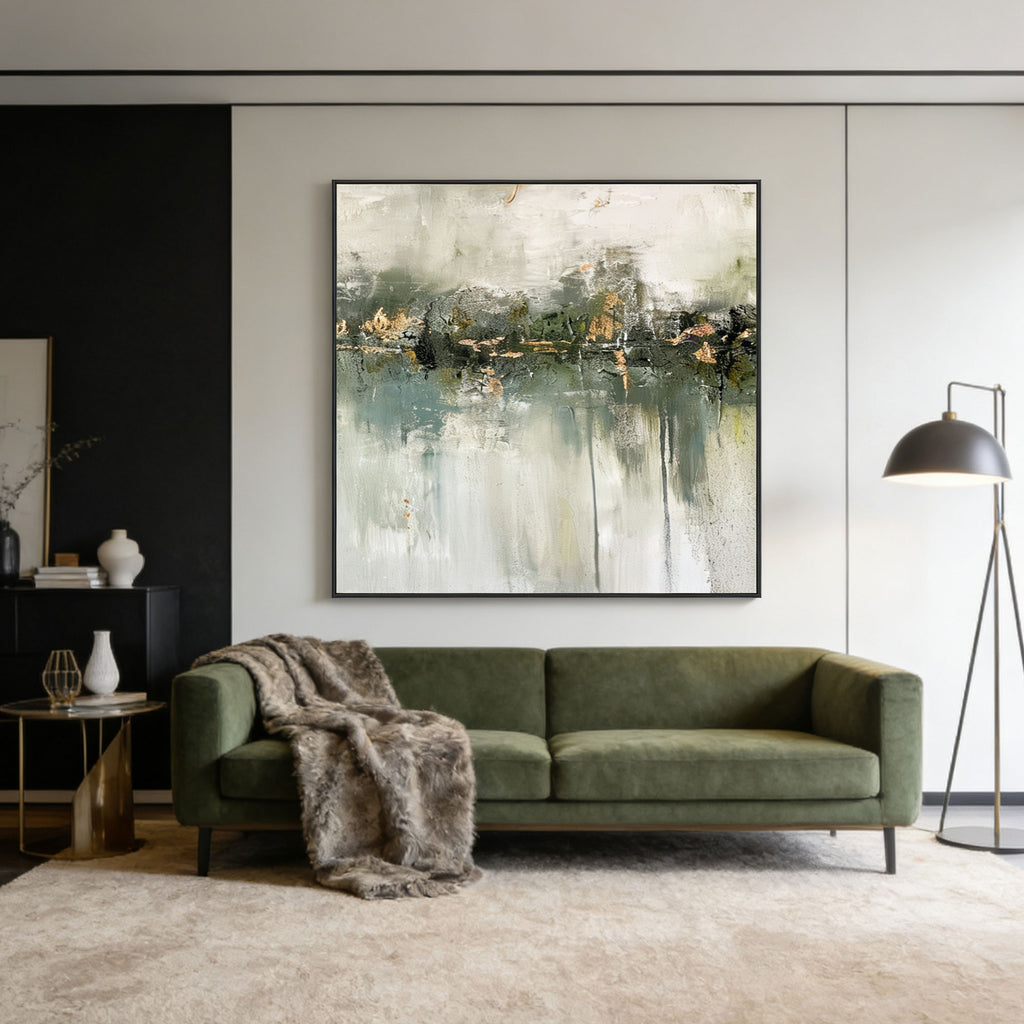 Lumi Gallery's minimalist wabi-sabi green abstract canvas painting in modern living room