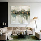 Minimalist Wabi-Sabi green abstract canvas art in modern living room