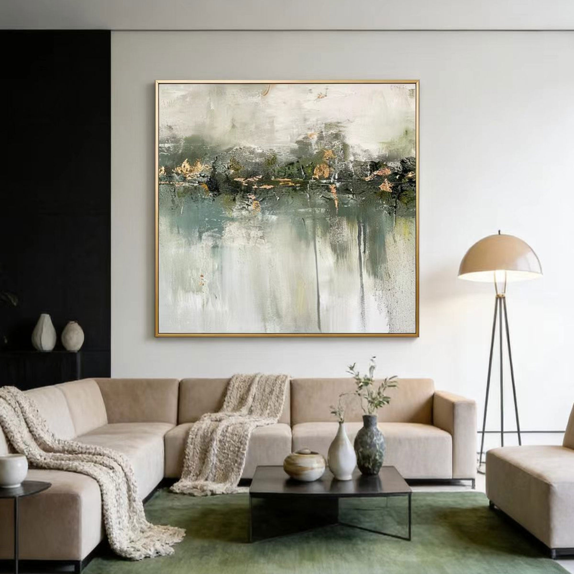 Minimalist Wabi-Sabi green abstract canvas art in modern living room