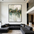 Lumi Gallery's minimalist Wabi-Sabi green abstract wall art 'Verdant Stillness' in modern living room