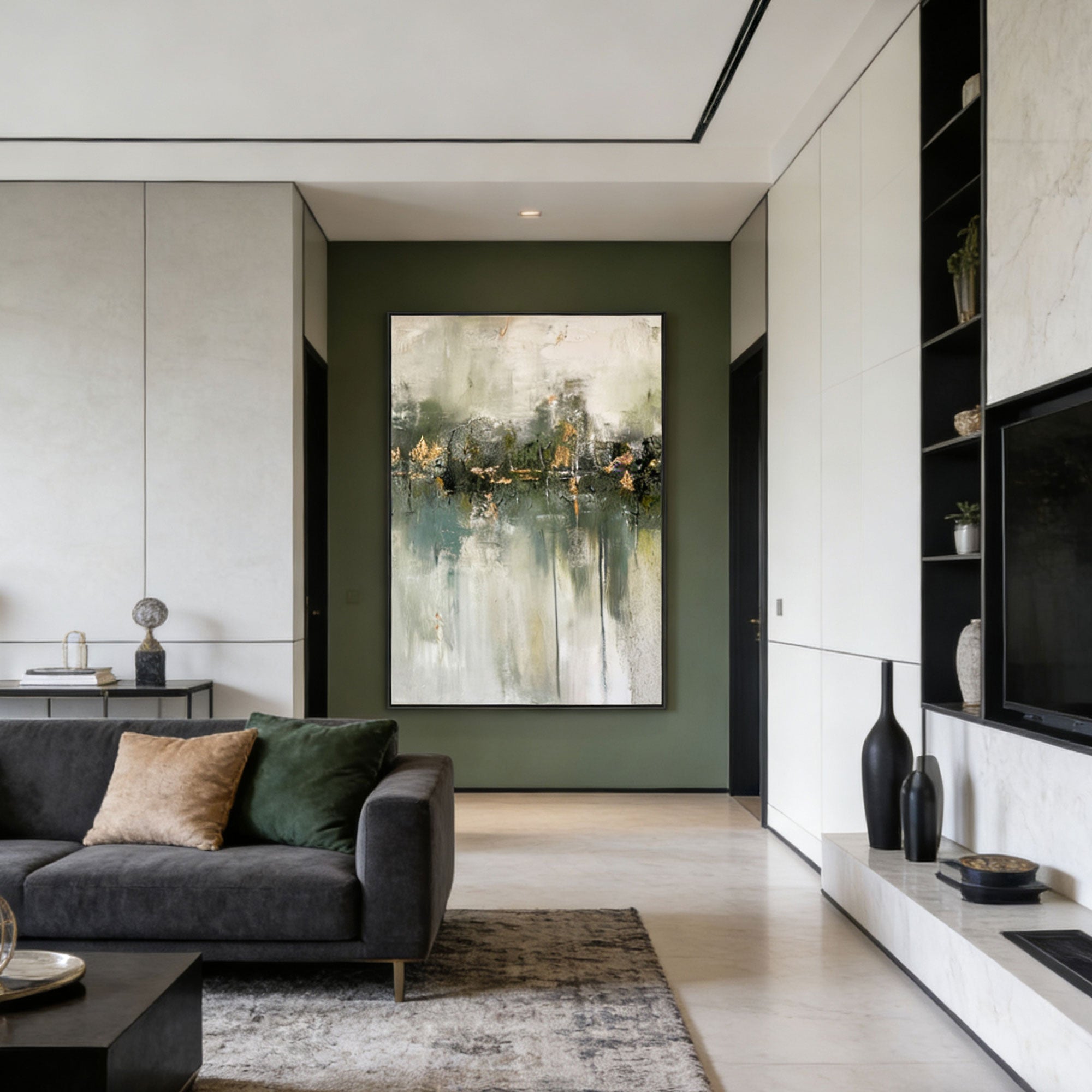 Minimalist Wabi-Sabi green abstract canvas art in modern living room by Lumi Gallery