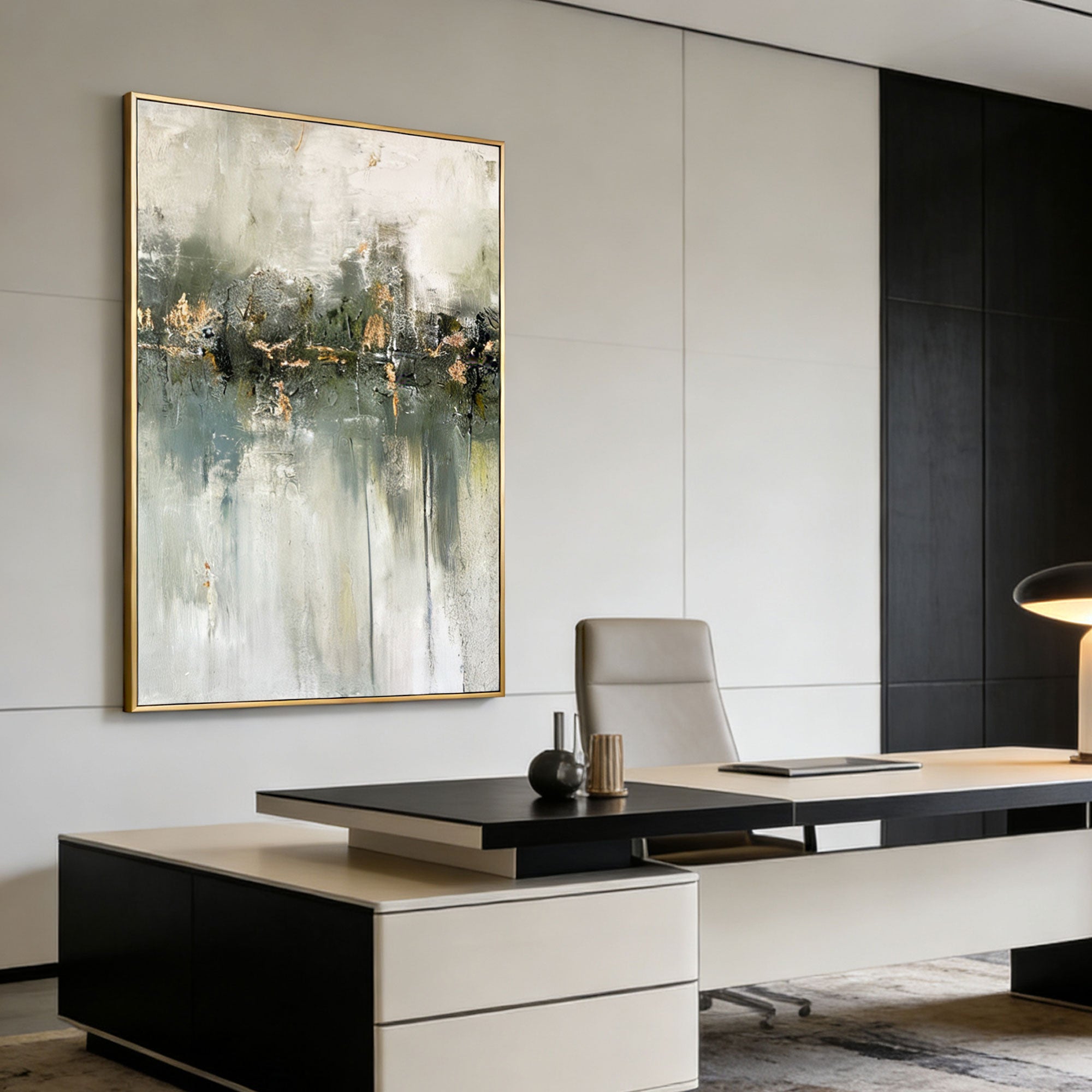 Lumi Gallery's minimalist Wabi-Sabi green abstract wall art with gold frame in modern office