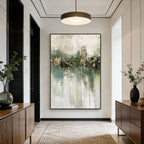Lumi Gallery's minimalist Wabi-Sabi green abstract canvas wall art 'Verdant Stillness' in contemporary home