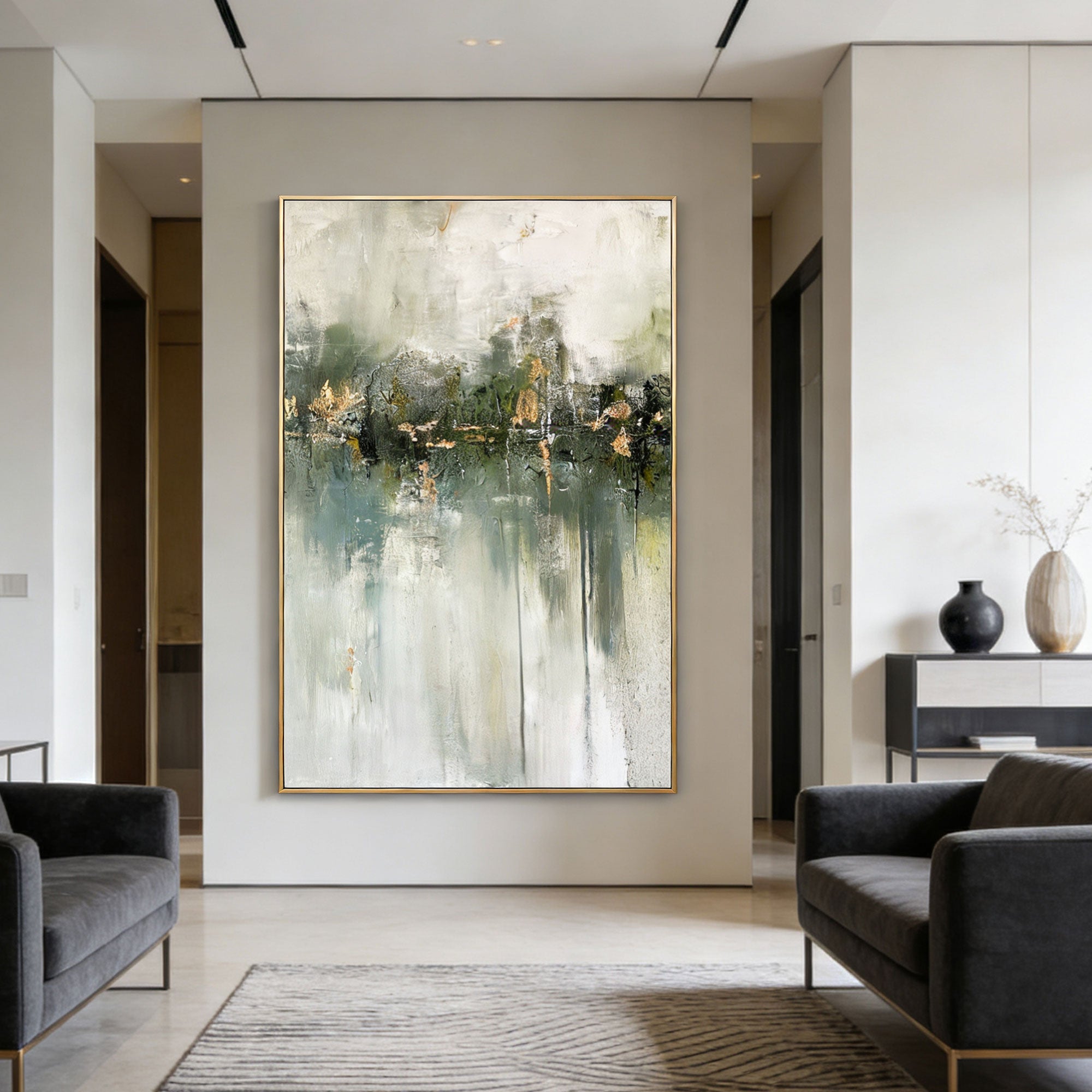 Lumi Gallery's minimalist Wabi-Sabi green abstract wall art with gold accents in modern living room
