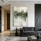 Minimalist Wabi-Sabi green abstract canvas art by Lumi Gallery in contemporary living room