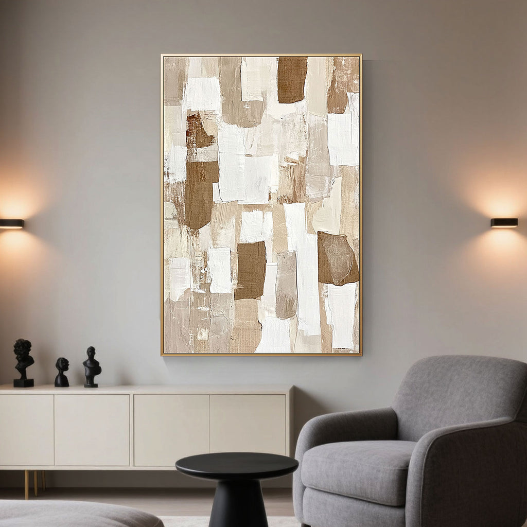 Wabi Sabi Lightfall abstract wall art hanging in modern living room.