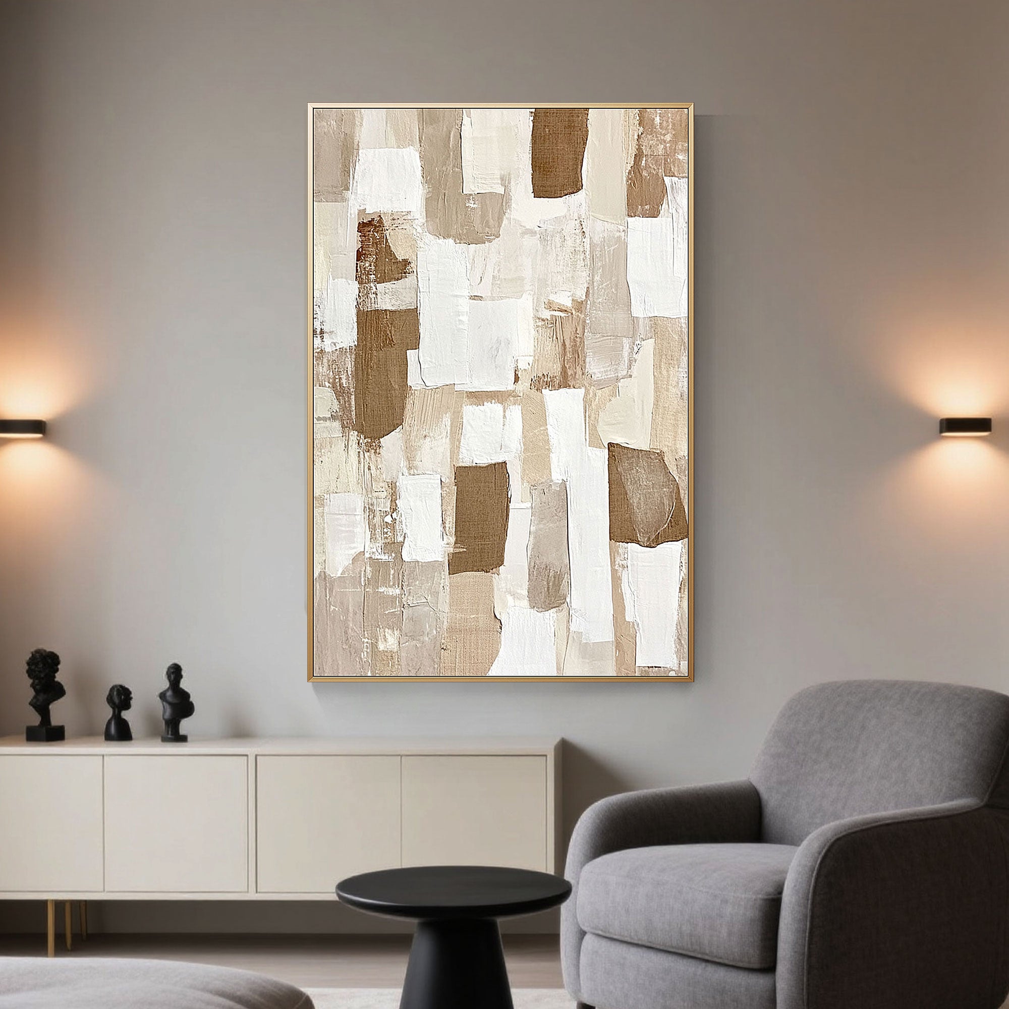 Wabi Sabi Lightfall abstract wall art hanging in modern living room.