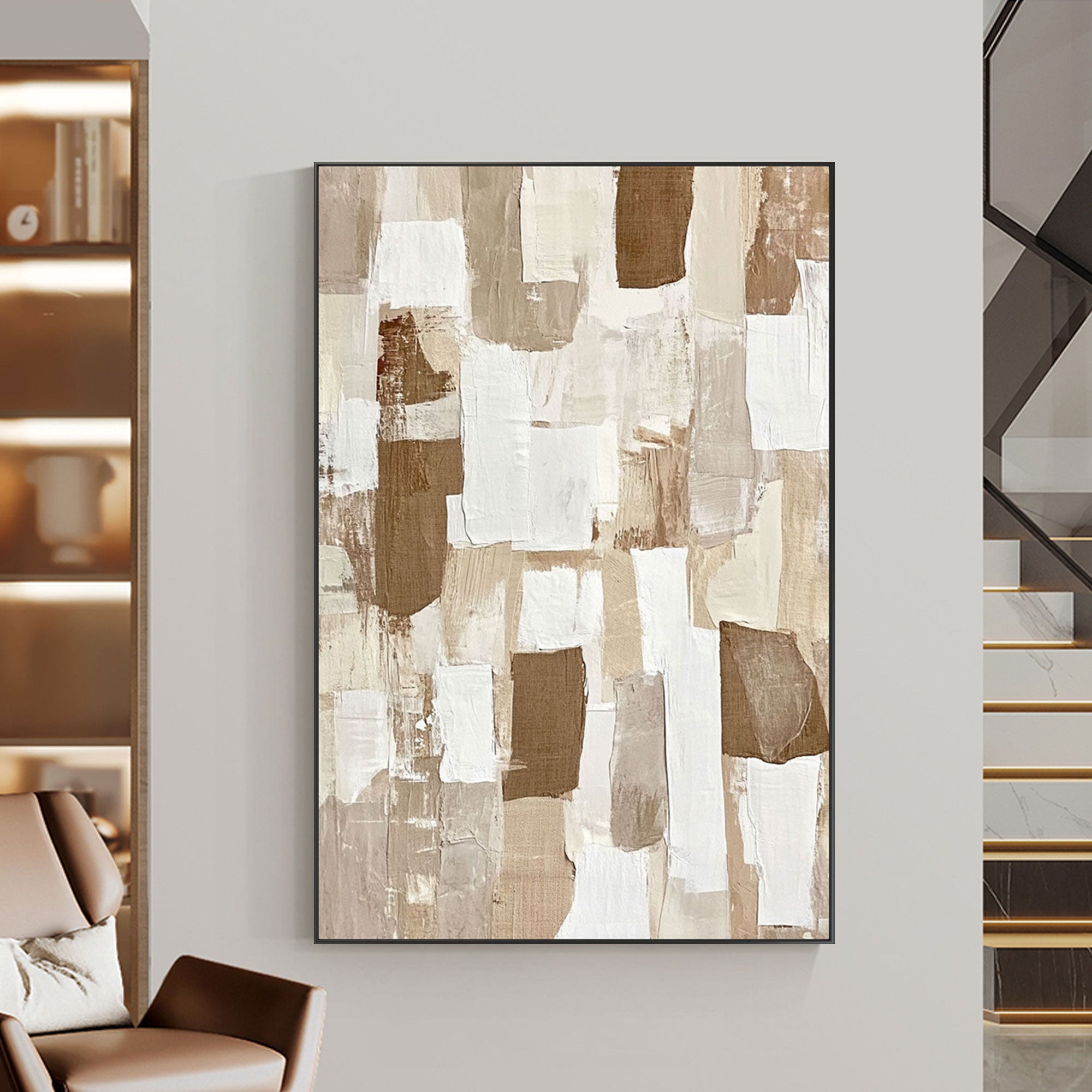 Beige and brown abstract art in a modern home with stairs.