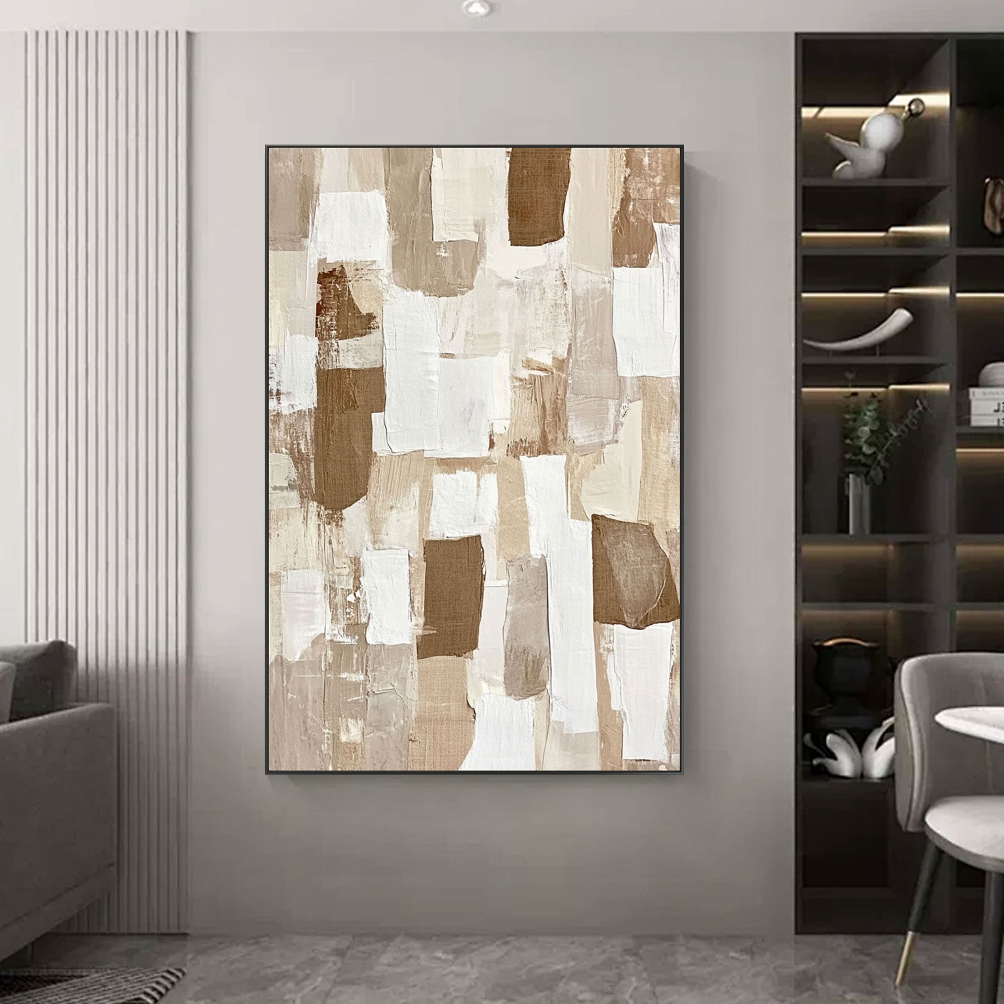 Wabi Sabi beige and brown abstract wall art in a modern living room.