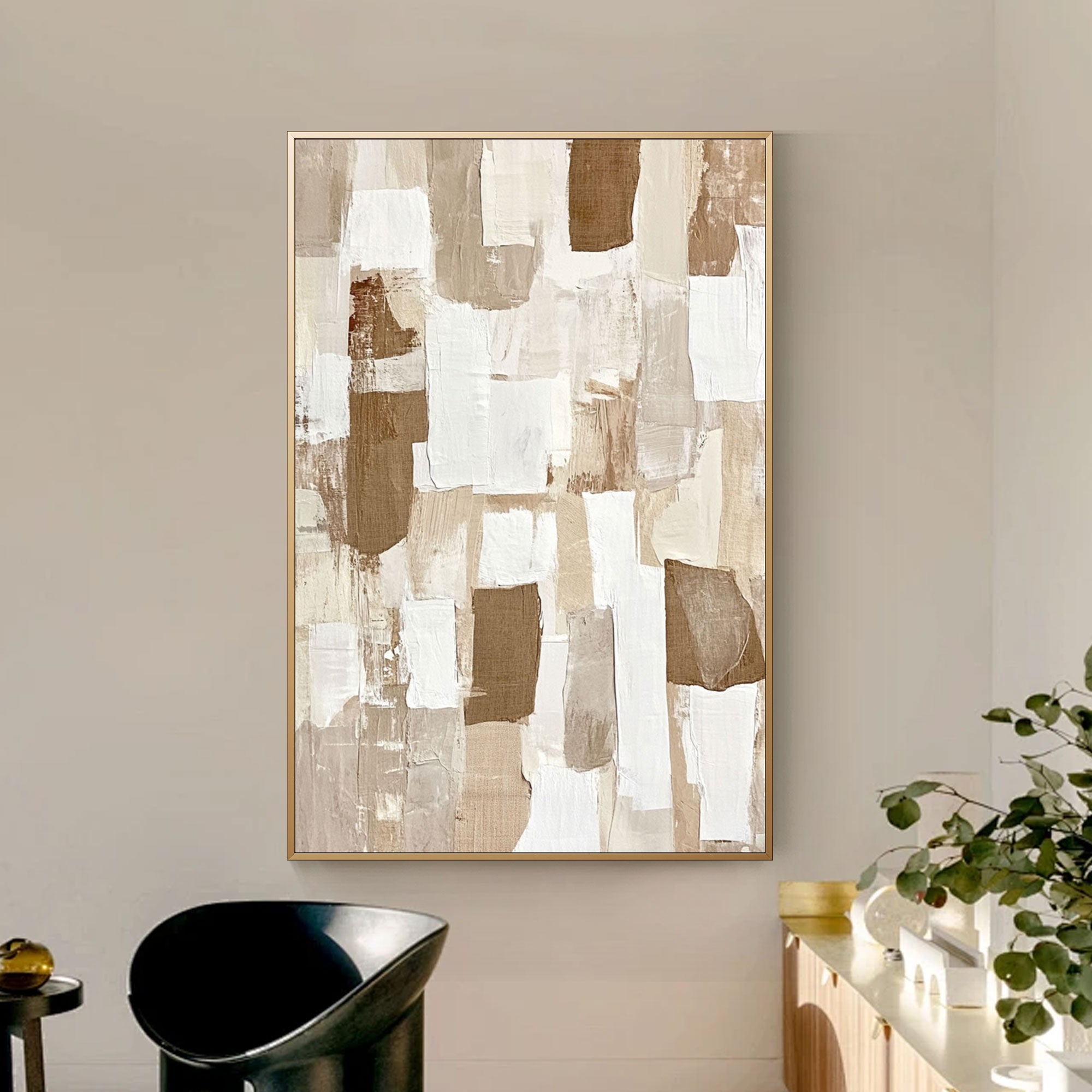 Hand-painted beige and brown wall art detail, Lightfall design.