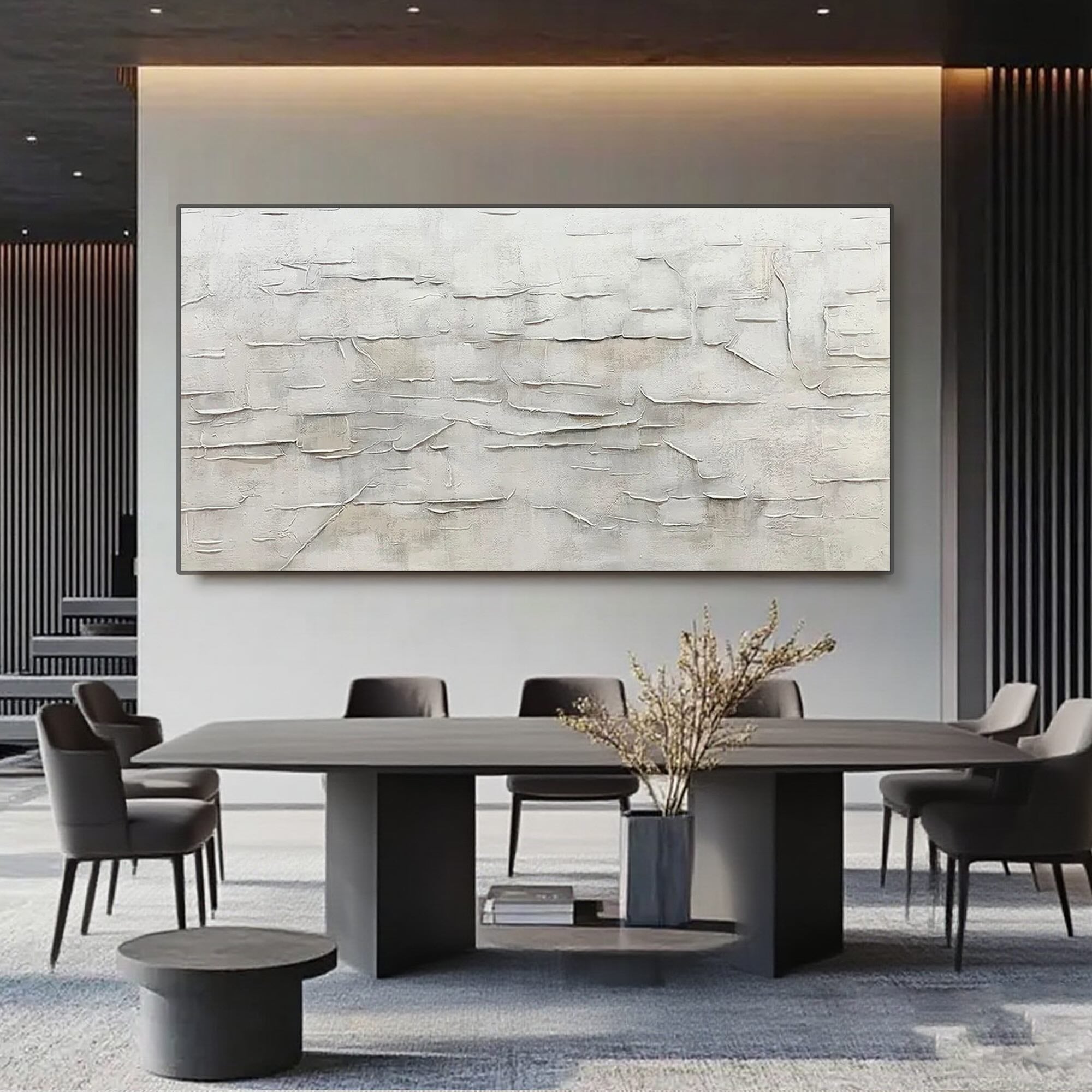 Beige texture art in a modern dining room setting.
