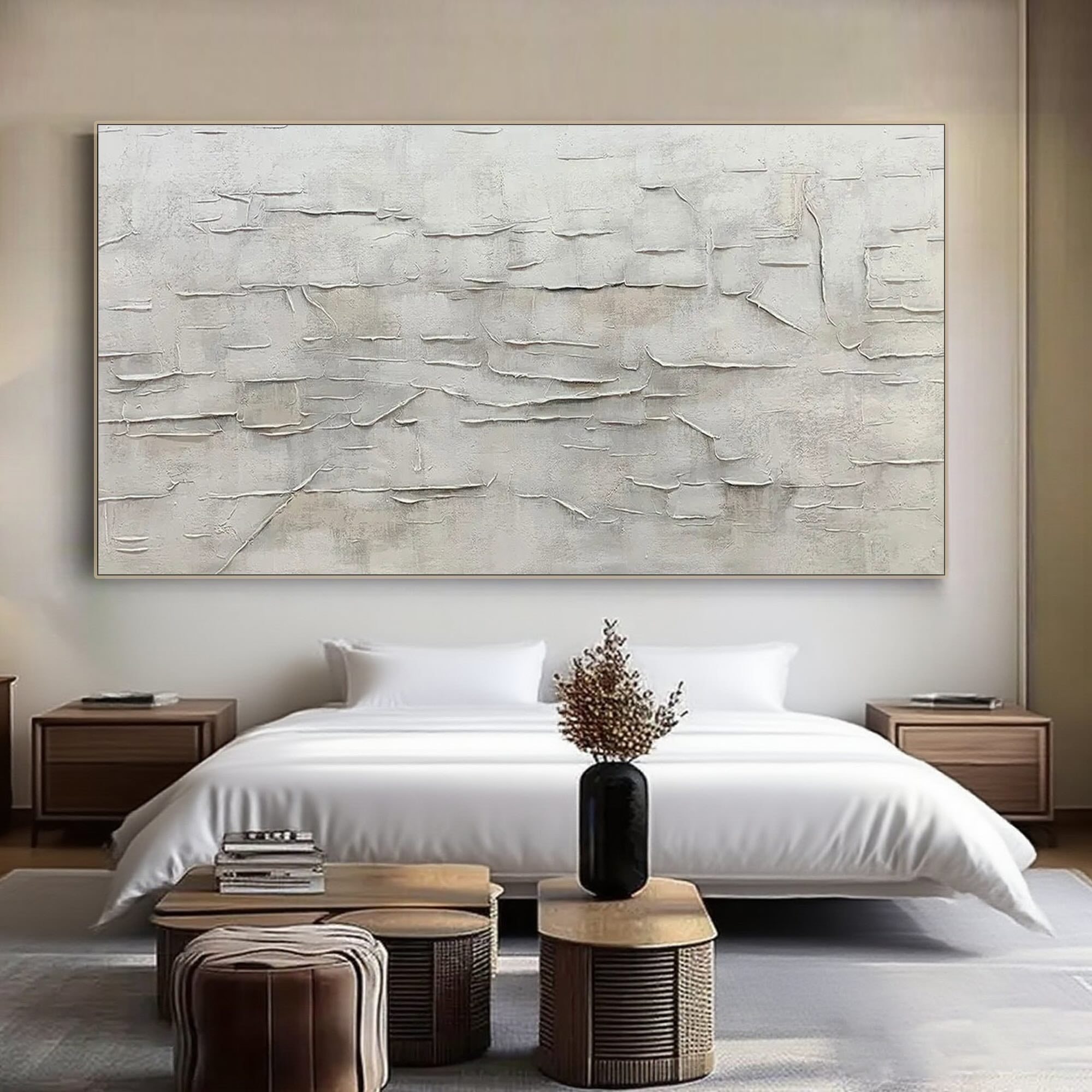 Wabi Sabi canvas art above a bed in a modern bedroom.