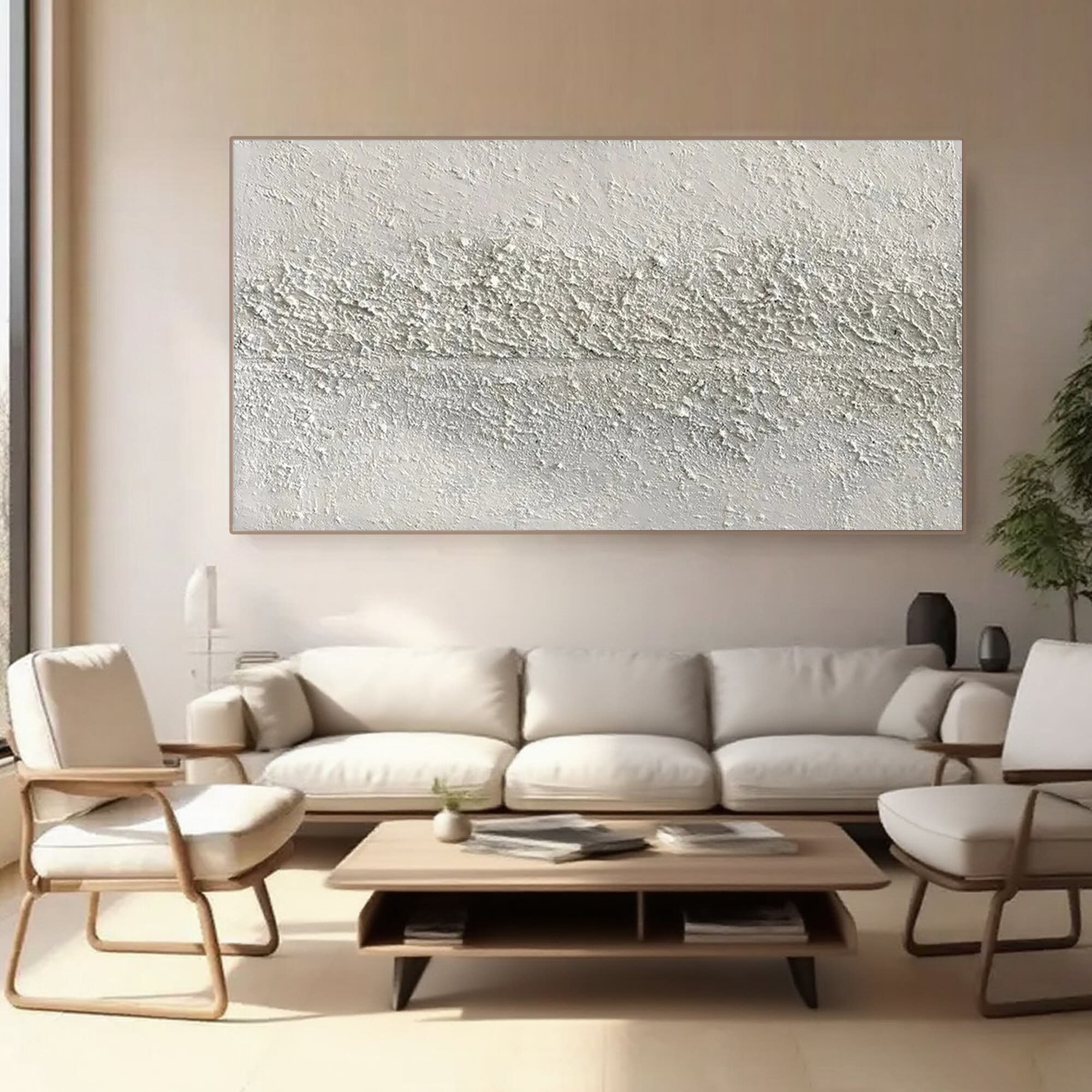 Close-up of a neutral-toned wabi-sabi painting, showcasing the 3D texture.
