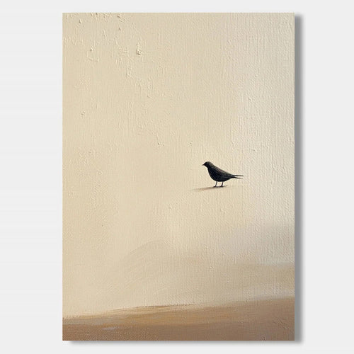 Zen minimalist black bird wall art on textured beige canvas for home decor