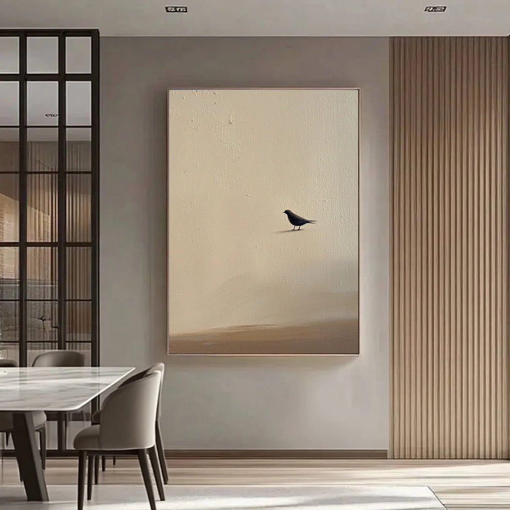 Zen minimalist bird wall art on textured cream canvas in modern dining room by Lumi Gallery