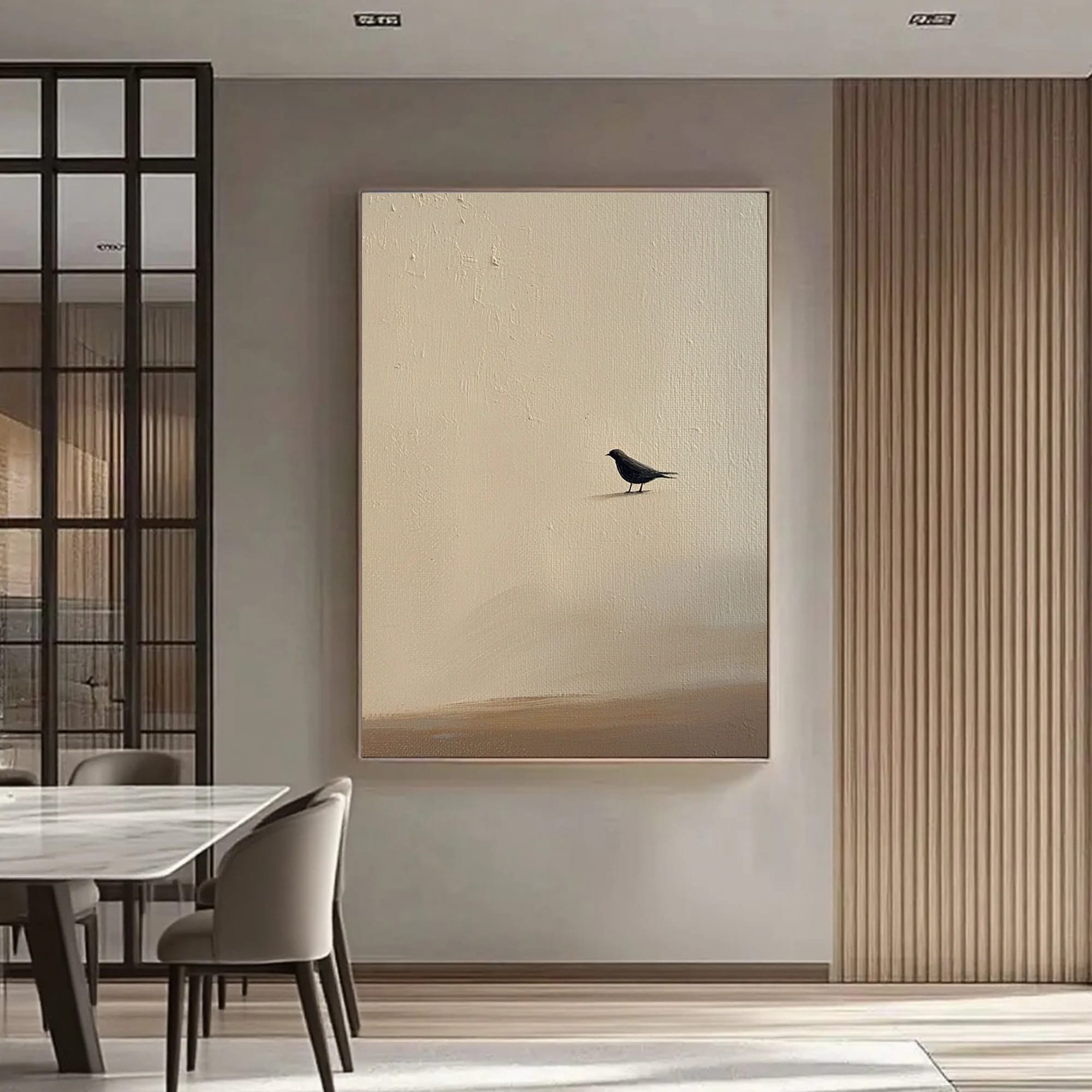 Zen minimalist bird wall art on textured cream canvas in modern dining room by Lumi Gallery