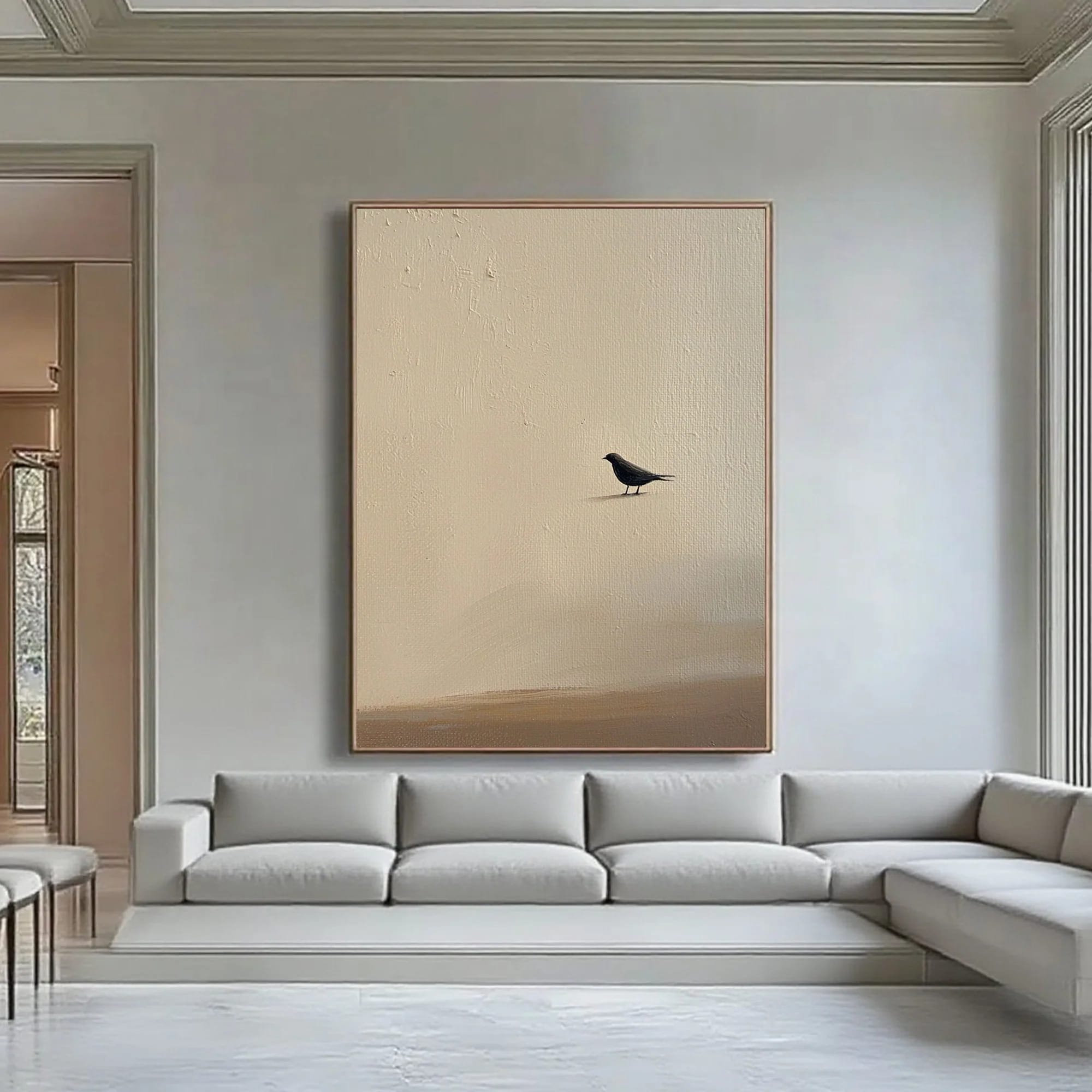 Zen minimalist bird wall art featuring black bird on textured beige canvas in modern living room