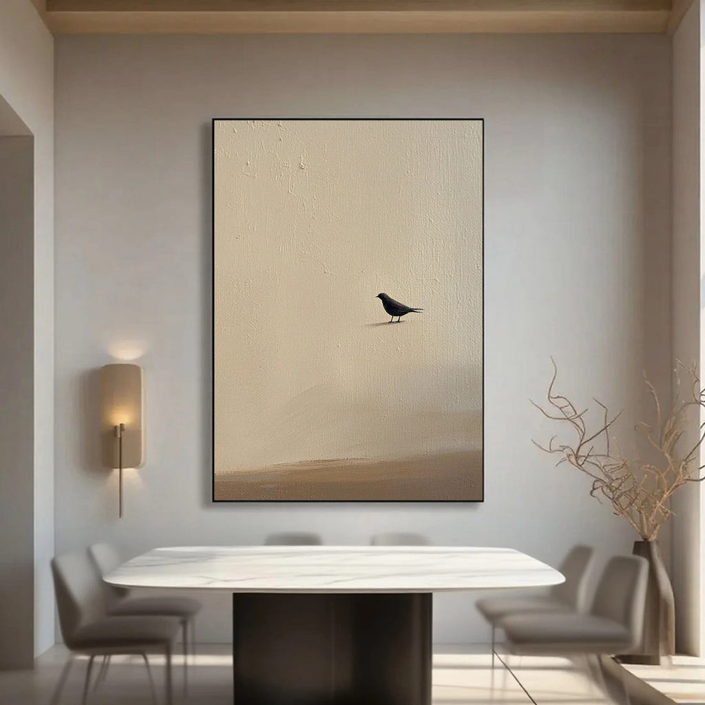 Zen minimalist wall art: black bird on textured beige canvas, modern dining room decor
