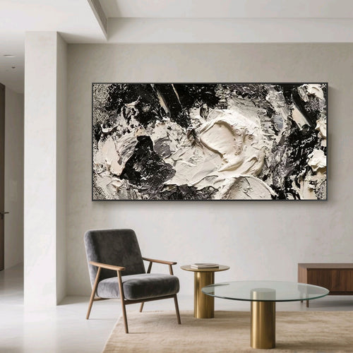 Lumi Gallery's Shadow Torrent minimalist abstract wall art - bold black/white textured canvas in modern living room