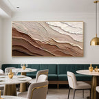 Lumi Gallery's minimalist abstract wave canvas art 'Earthen Drift' with earthy tones, textured details, framed in gold, modern dining space