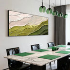 Verdant abstract wave canvas art mounted in modern dining room at Lumi Gallery