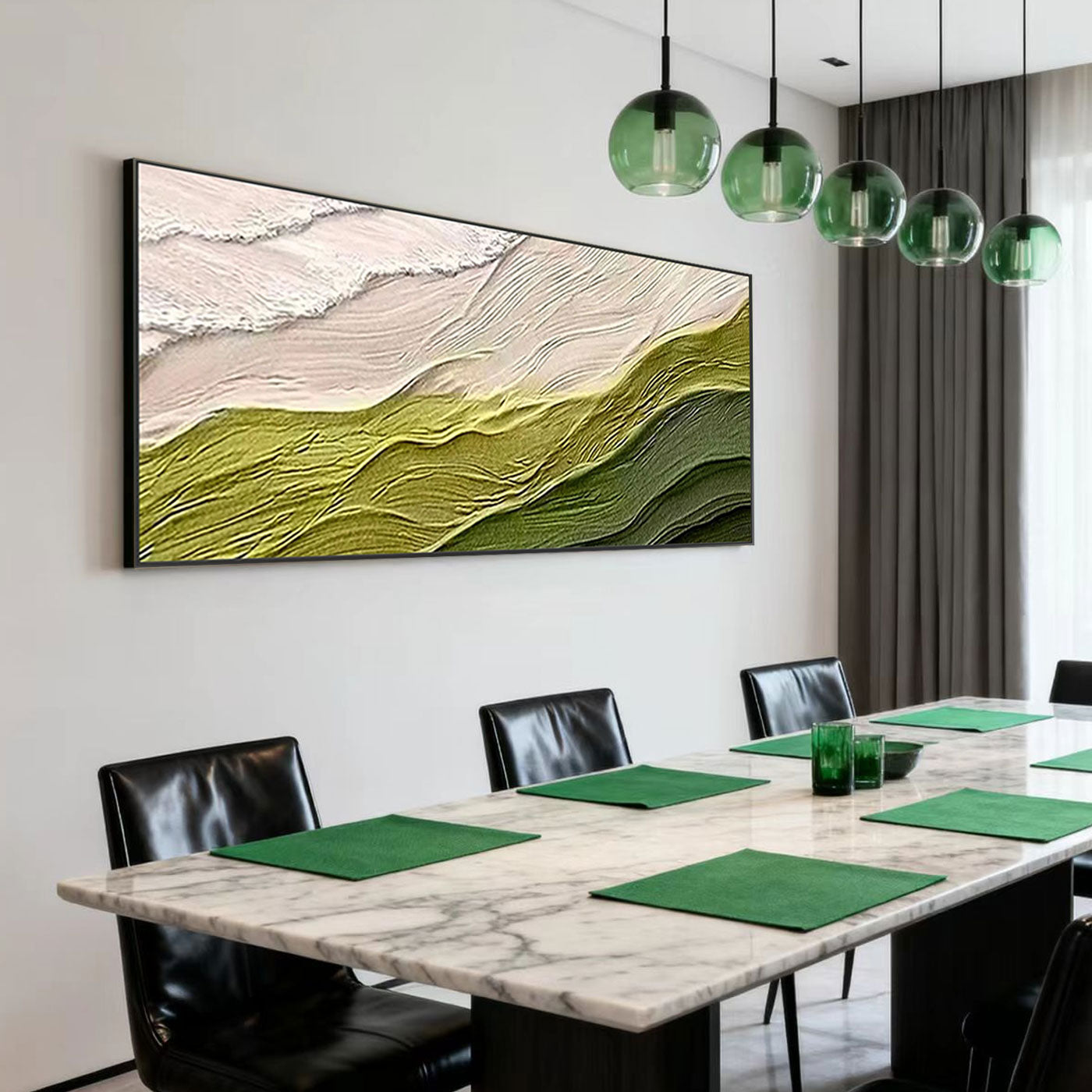 Verdant abstract wave canvas art mounted in modern dining room at Lumi Gallery