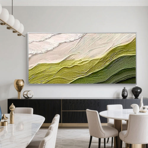 Verdant Rise minimalist abstract wave canvas art, hand-painted textured wall decor for living room