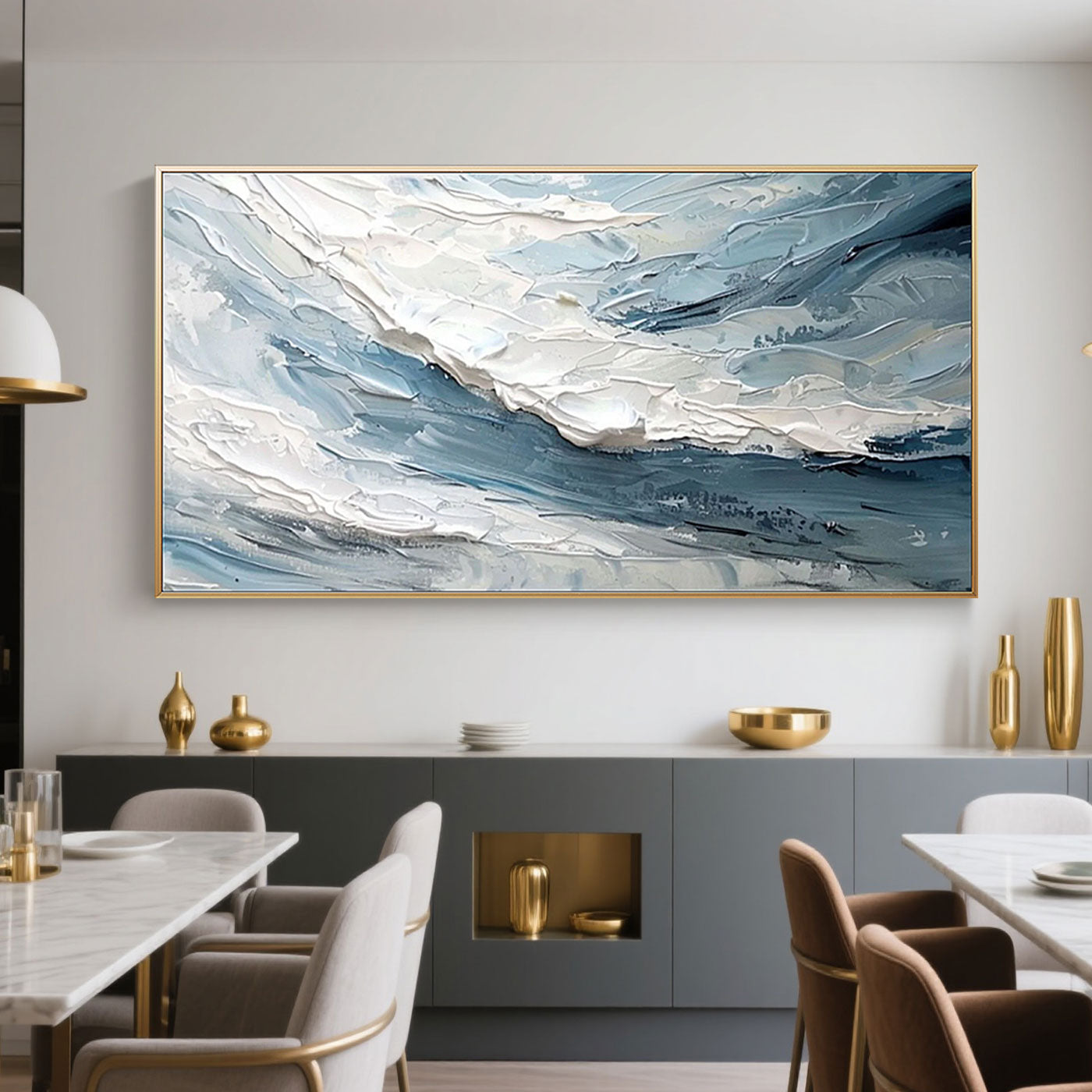 Hand-painted minimalist abstract wave wall art 'Frosted Surge' blue/white textured canvas dining room decor