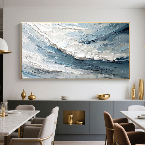 Hand-painted minimalist abstract wave wall art 'Frosted Surge' blue/white textured canvas dining room decor