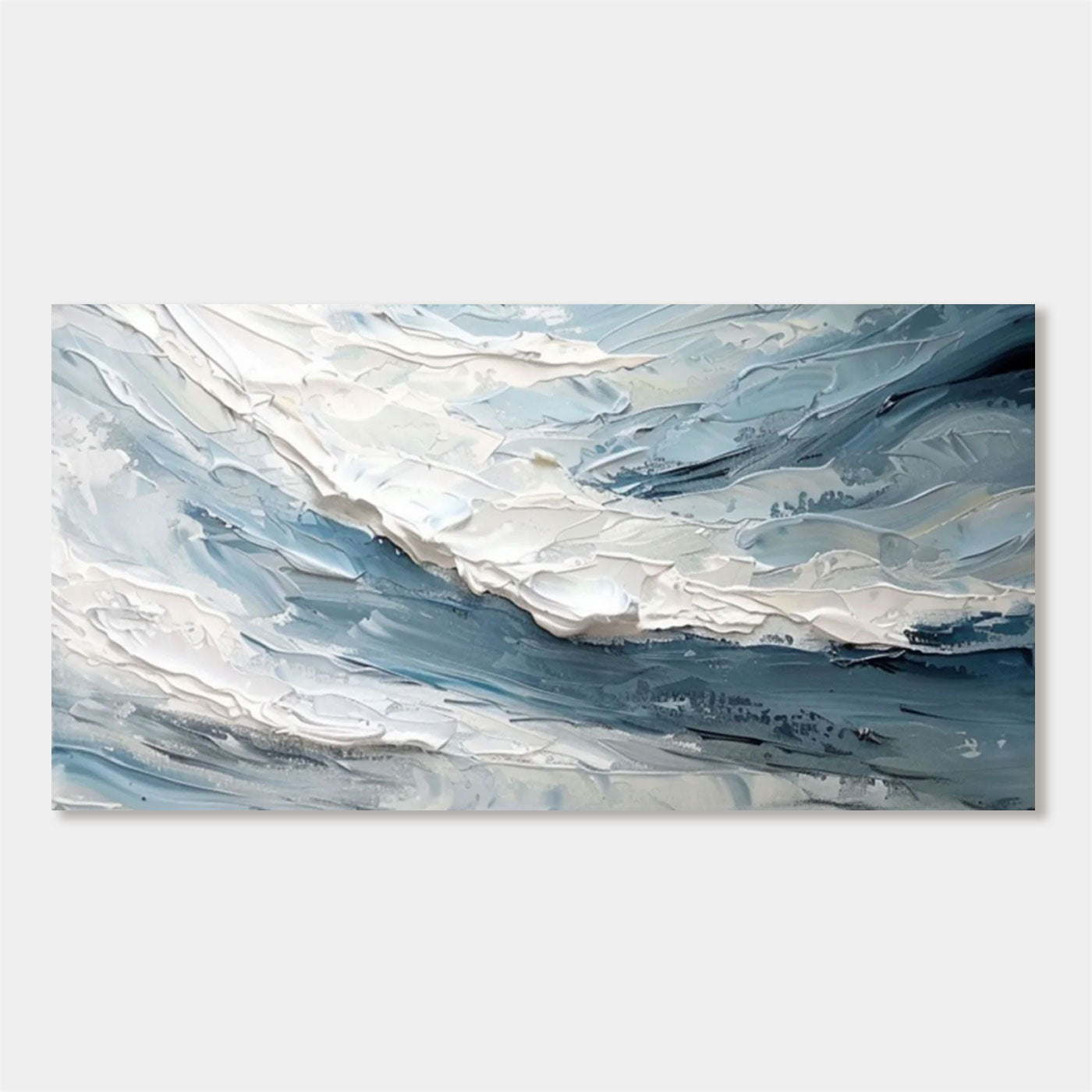 Frosted Surge minimalist abstract wave wall art with textured blue/white strokes, hand-painted canvas by Lumi Gallery