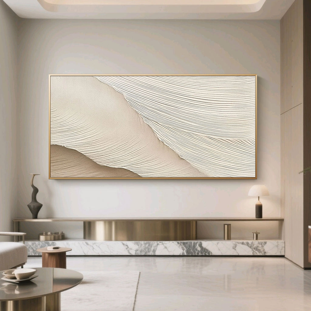 Minimalist abstract wave wall art with soft beige tones and textured crest patterns by Lumi Gallery