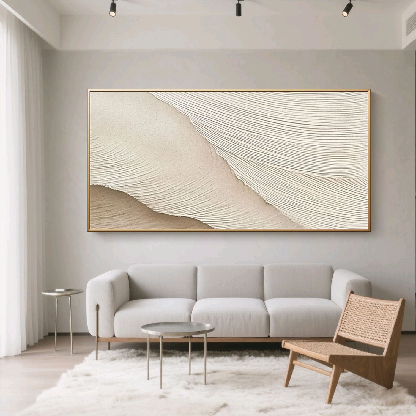 Hand-painted minimalist abstract wave wall art with textured lines, beige/cream tones, framed, above modern living room sofa