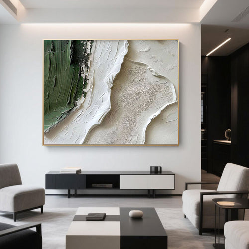 Minimalist abstract waves canvas art 'Forest Edge' in forest green and cream tones with textured details, displayed in a modern living room setting.