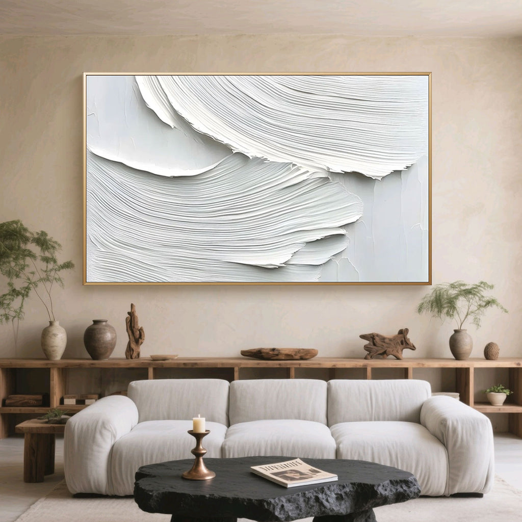 Lumi Gallery's Whispered Drift minimalist abstract wave wall art with textured white-gray tones in modern living room