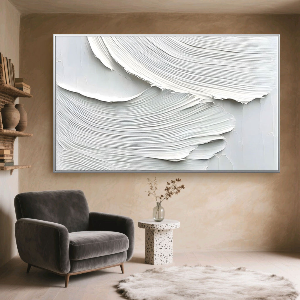 Minimalist abstract waves wall art by Lumi Gallery, hand-painted textured canvas in white/gray tones, mounted on warm beige wall