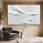 Minimalist abstract waves wall art by Lumi Gallery, hand-painted textured canvas in white/gray tones, mounted on warm beige wall